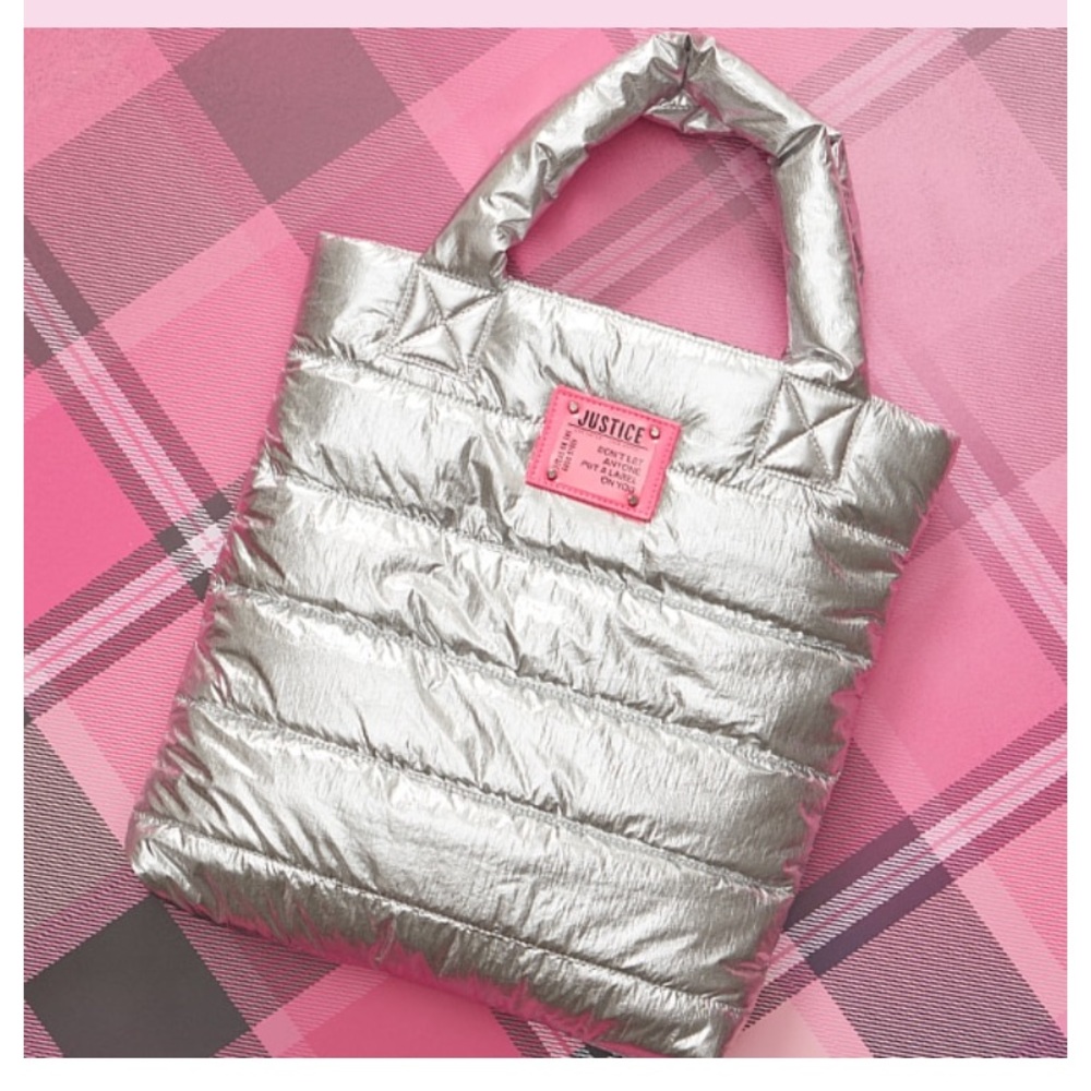 NWT Justice silver puffer tote bag